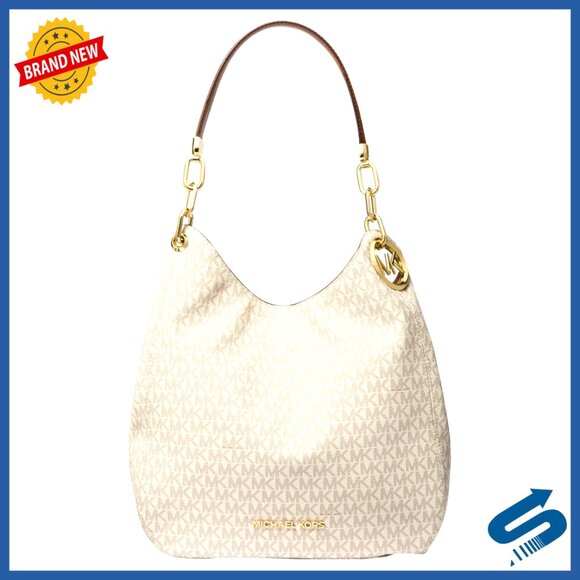 Large Chain Shoulder Bag Tote Slouchy Signature Logo Canvas Leather Trim Gold